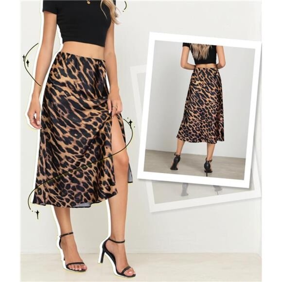 Womens Satin Midi Skirt High Waisted Side Slit A Line Leopard Print Long Skirt - Picture 4 of 7